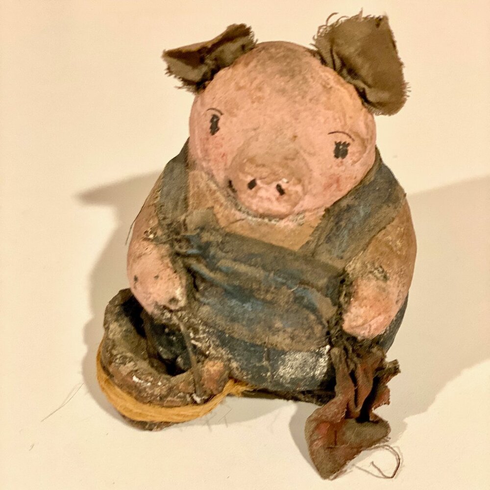 Vintage American Folk Art Clay & Cloth Working Pig Figurine - 3x3 Inches